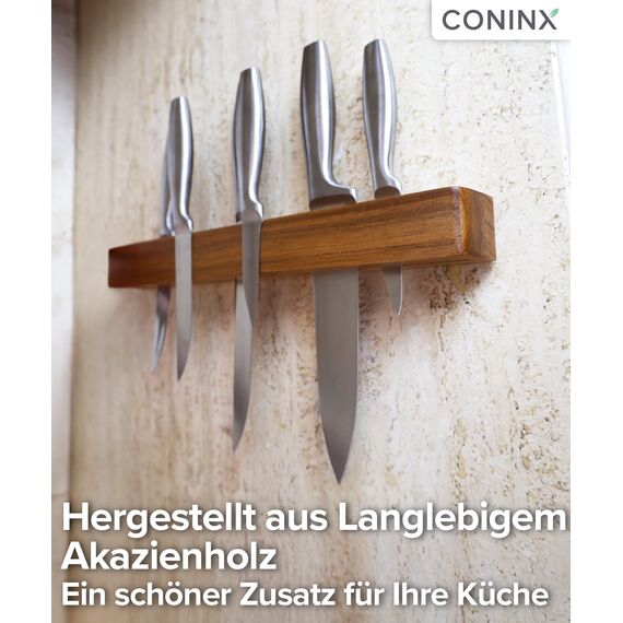 Coninx Magnetischer Messerhalter aus Akazienholz – 40 cm Messerleiste zur Wandmontage mit Schrauben und Dübeln – Starke Magnetleiste mit Doppelter Magnetreihe für Küchenmesser