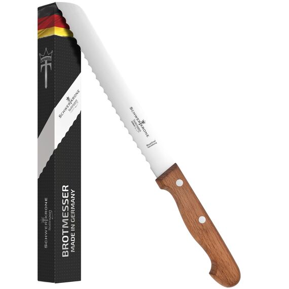 Schwertkrone® Brotmesser Wellenschliff [MADE IN SOLINGEN - GERMANY] - Bread Knife - Brotmesser mit Holzgriff - Brotschneidemesser - Sägemesser mit Buchengriff (Klinge: 20cm)