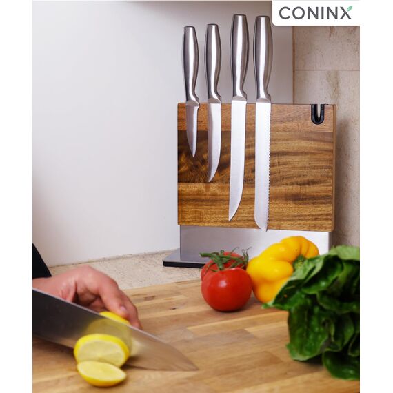 Coninx Magnetischer Messerblock mit integriertem Schärfer – Zweiseitiger Messerhalter aus Akazienholz – Universeller Messerständer mit rutschfester Basis für die Küchenarbeitsplatte
