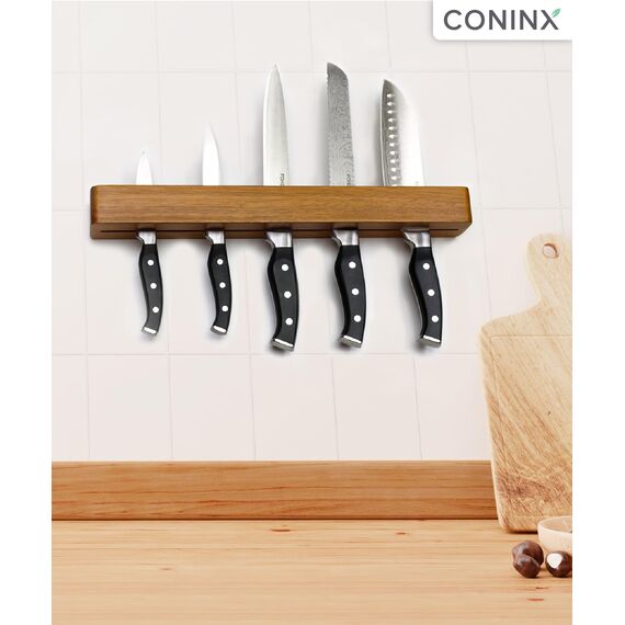 Coninx Magnetischer Messerhalter aus Akazienholz – 40 cm Messerleiste zur Wandmontage mit Schrauben und Dübeln – Starke Magnetleiste mit Doppelter Magnetreihe für Küchenmesser