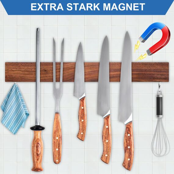 Magnetleiste Messer, Messerhalter magnetisch aus Walnussholz mit 2 Haken, 40cm Magnet Messerhalter Holz mit extra Starkem Magnet