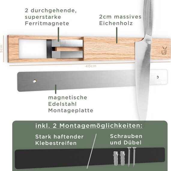 WALDWERK Magnetleiste Messer (40x5cm) - Magnetleiste aus edlem Eichenholz - Messerhalter magnetisch für schwere Messer - Messer Magnetleiste zum Kleben oder Schrauben - Magnet Messerhalter