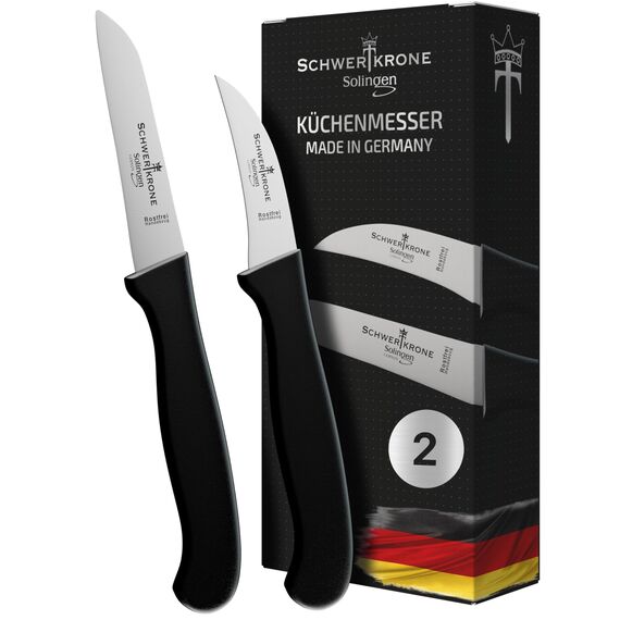 Schwertkrone® Schälmesser gebogen & gerade [MADE IN SOLINGEN - GERMANY] - Gemüsemesser Obstmesser - Küchenmesser klein scharf Schneidemesser Kartoffelschälmesser - Allzweckmesser (6cm +7,5cm)