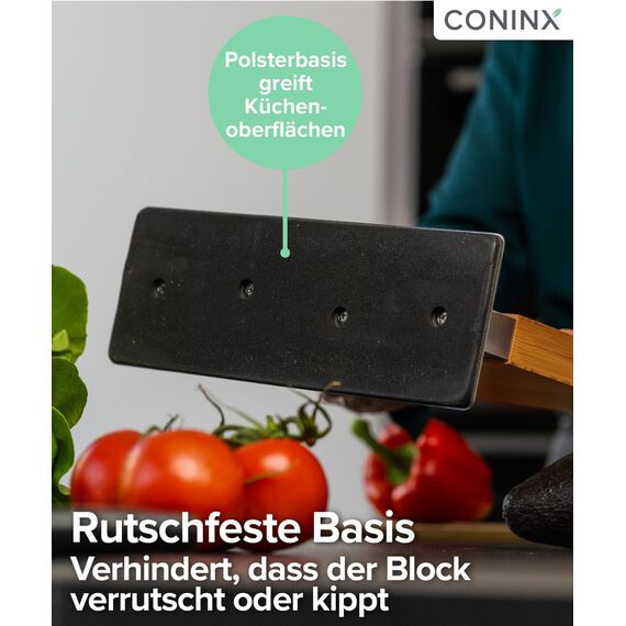 Coninx Magnetischer Messerblock mit integriertem Schärfer – Zweiseitiger Messerhalter aus Akazienholz – Universeller Messerständer mit rutschfester Basis für die Küchenarbeitsplatte