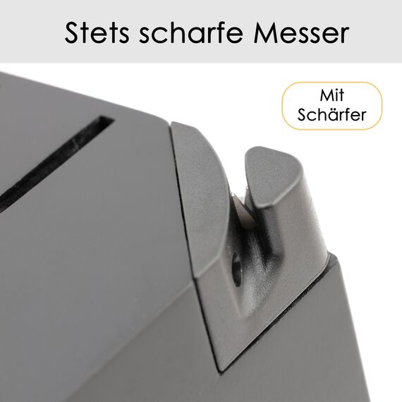 Hanseküche Messerblock Schwarz – 7-teiliges Messerset mit Messerhalter aus Holz und Schärfer Groß Block Messer Set Messerschärfer (Kautschukholz, mit Messern)