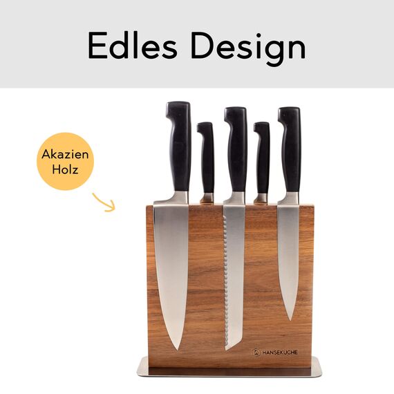 Hanseküche Messerblock - Messerhalter ohne Messer aus Holz Messerbrett (Akazie Braun Metallboden, Doppelseitig)