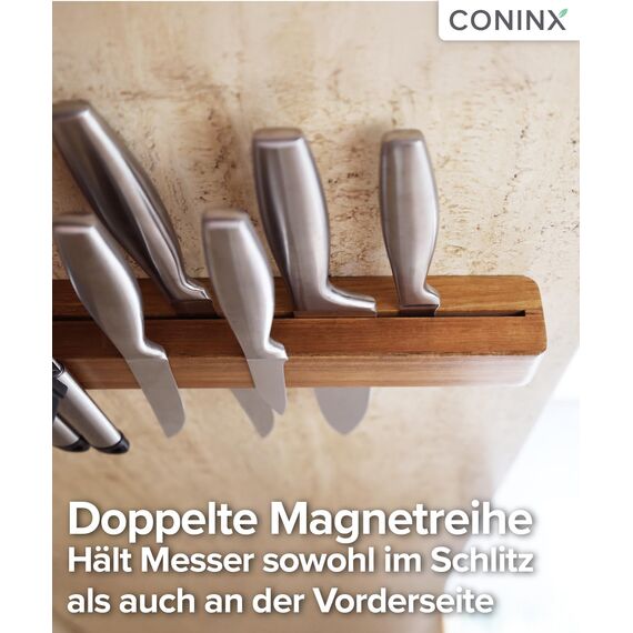 Coninx Magnetischer Messerhalter aus Akazienholz – 40 cm Messerleiste zur Wandmontage mit Schrauben und Dübeln – Starke Magnetleiste mit Doppelter Magnetreihe für Küchenmesser