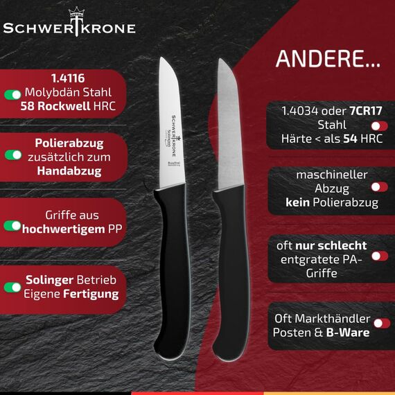 Schwertkrone® Schälmesser gebogen & gerade [MADE IN SOLINGEN - GERMANY] - Gemüsemesser Obstmesser - Küchenmesser klein scharf Schneidemesser Kartoffelschälmesser - Allzweckmesser (6cm +7,5cm)