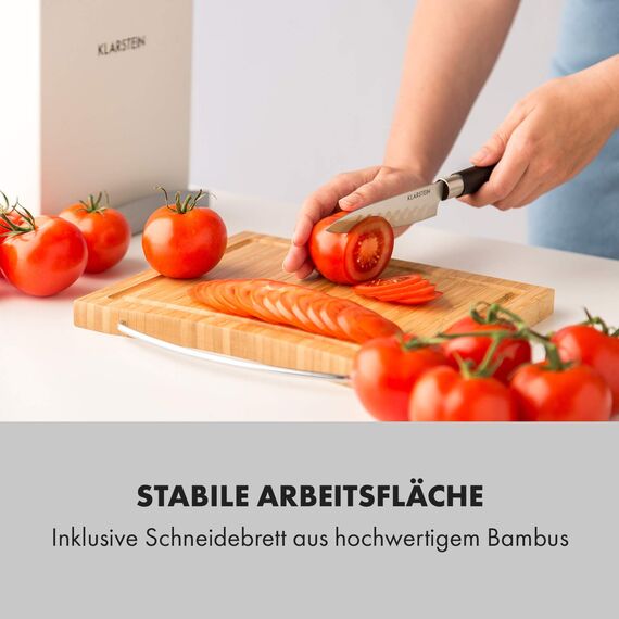Klarstein 7-Teiliges Messer-Set mit Block, Küchenmesser, Holz-Messerblock & Schneidebrett, Scharfes Edelstahl, Kratzfest, Japanisch Inspiriertes Messerset mit Block, Weiß