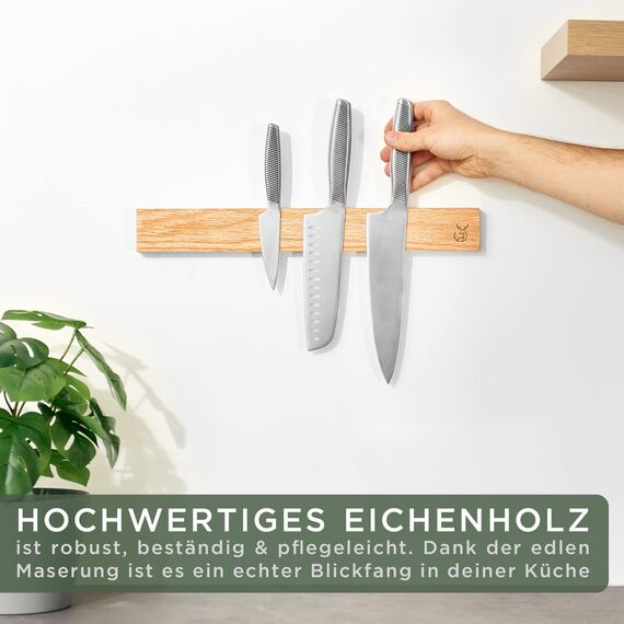 WALDWERK Magnetleiste Messer (40x5cm) - Magnetleiste aus edlem Eichenholz - Messerhalter magnetisch für schwere Messer - Messer Magnetleiste zum Kleben oder Schrauben - Magnet Messerhalter
