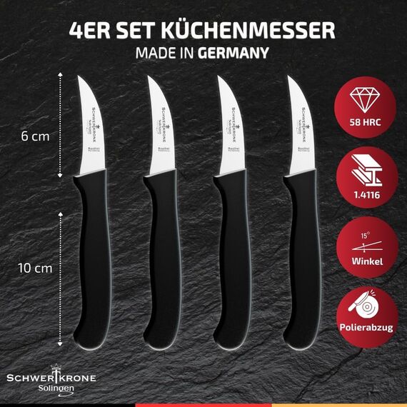 Schwertkrone 4er Messer-Set gebogen/Vogelschnabel/Solingen/Gemüsemesser scharf Küchenmesser Schälmesser Allzweckmesser/Germany rostfrei 2,5" / Handabzug - superscharf - spülmaschinengeeignet