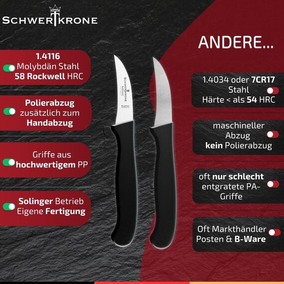 Schwertkrone 4er Messer-Set gebogen/Vogelschnabel/Solingen/Gemüsemesser scharf Küchenmesser Schälmesser Allzweckmesser/Germany rostfrei 2,5" / Handabzug - superscharf - spülmaschinengeeignet