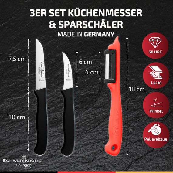 Schwertkrone Küchenmesser Set - Scharfe Gemüsemesser - Schälmesser gerade/gebogen und Sparschäler/Kartoffelschäler rot - Made in Solingen