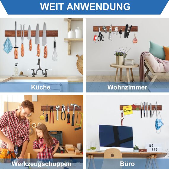 Magnetleiste Messer, Messerhalter magnetisch aus Walnussholz mit 2 Haken, 59cm Magnet Messerhalter Holz mit extra Starkem Magnet