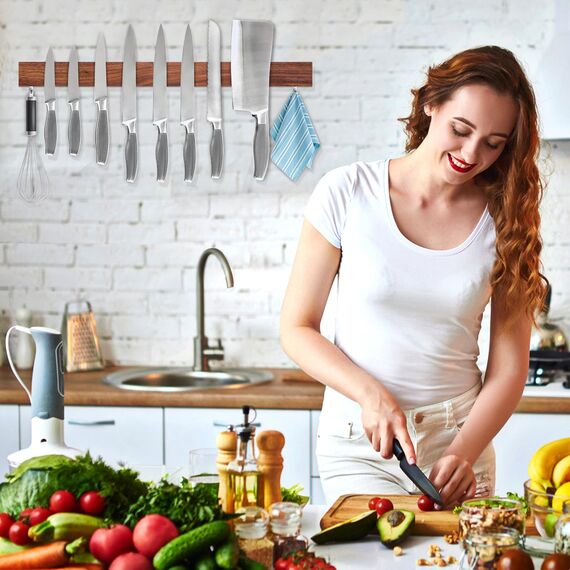 Magnetleiste Messer, 50cm Messerhalter magnetisch aus Walnussholz mit 2 Haken, Magnet Messerhalter Holz mit extra Starkem Magnet