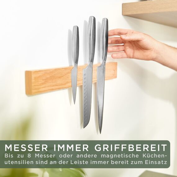 WALDWERK Magnetleiste Messer (40x5cm) - Magnetleiste aus edlem Eichenholz - Messerhalter magnetisch für schwere Messer - Messer Magnetleiste zum Kleben oder Schrauben - Magnet Messerhalter