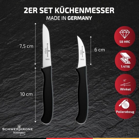 Schwertkrone® Schälmesser gebogen & gerade [MADE IN SOLINGEN - GERMANY] - Gemüsemesser Obstmesser - Küchenmesser klein scharf Schneidemesser Kartoffelschälmesser - Allzweckmesser (6cm +7,5cm)
