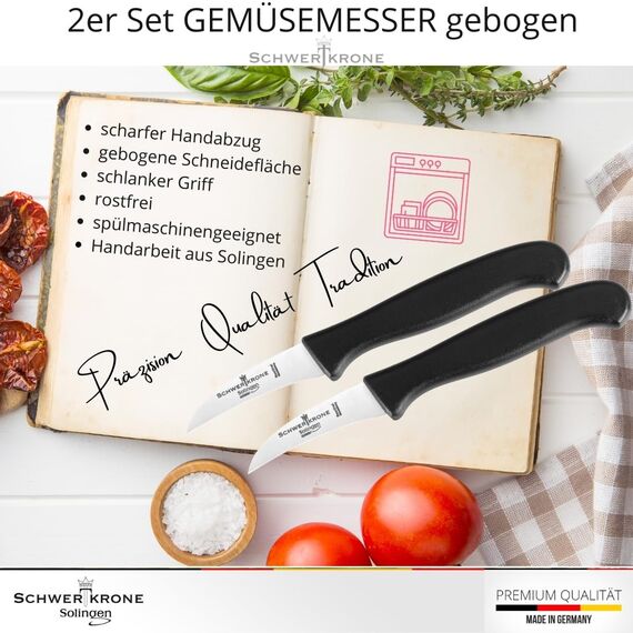 Schwertkrone® Schälmesser gebogen 2er Set [MADE IN SOLINGEN - GERMANY] - Gemüsemesser Obstmesser - Küchenmesser klein scharf - Schneidemesser Kartoffelschälmesser - Allzweckmesser (2x6cm gebogen)