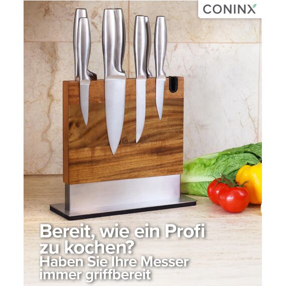 Coninx Magnetischer Messerblock mit integriertem Schärfer – Zweiseitiger Messerhalter aus Akazienholz – Universeller Messerständer mit rutschfester Basis für die Küchenarbeitsplatte
