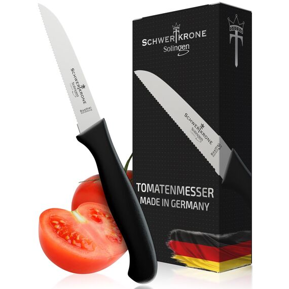 Schwertkrone® Schälmesser Tomatenmesser [MADE IN SOLINGEN - GERMANY] - Gemüsemesser Obstmesser - Küchenmesser klein scharf Schneidemesser Sägemesser - Allzweckmesser (Gezahnte Klinge: 7,5cm)