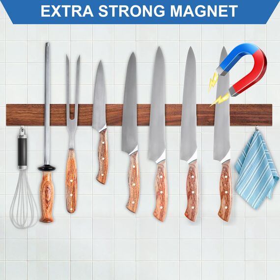 Magnetleiste Messer, Messerhalter magnetisch aus Walnussholz mit 2 Haken, 59cm Magnet Messerhalter Holz mit extra Starkem Magnet