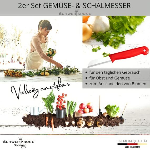 Schwertkrone® Schälmesser 2er Set [MADE IN SOLINGEN - GERMANY] - Gemüsemesser Obstmesser - Küchenmesser klein scharf - Schneidemesser Kartoffelschälmesser - Allzweckmesser (2x rot - 6cm Klinge)