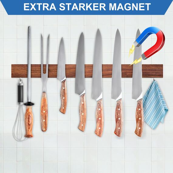 Magnetleiste Messer, 50cm Messerhalter magnetisch aus Walnussholz mit 2 Haken, Magnet Messerhalter Holz mit extra Starkem Magnet