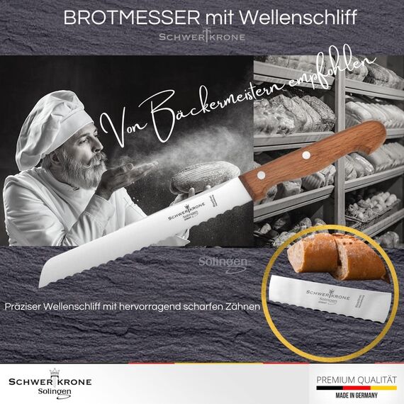 Schwertkrone® Brotmesser Wellenschliff [MADE IN SOLINGEN - GERMANY] - Bread Knife - Brotmesser mit Holzgriff - Brotschneidemesser - Sägemesser mit Buchengriff (Klinge: 20cm)