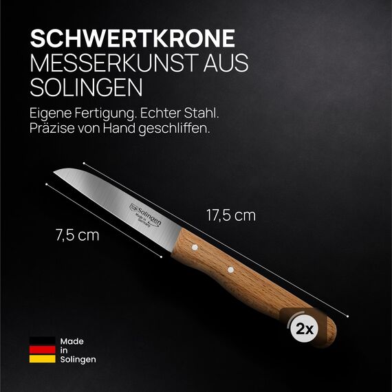 Schwertkrone® Schälmesser gerade Premium 2er Set [MADE IN SOLINGEN - GERMANY] - Gemüsemesser Obstmesser - Küchenmesser klein scharf - Schneidemesser Kartoffelschälmesser - Allzweckmesser (2x 7,5cm)