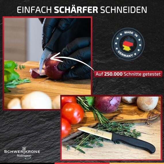 Schwertkrone Küchenmesser Set - Scharfe Gemüsemesser - Schälmesser gerade/gebogen und Sparschäler/Kartoffelschäler rot - Made in Solingen