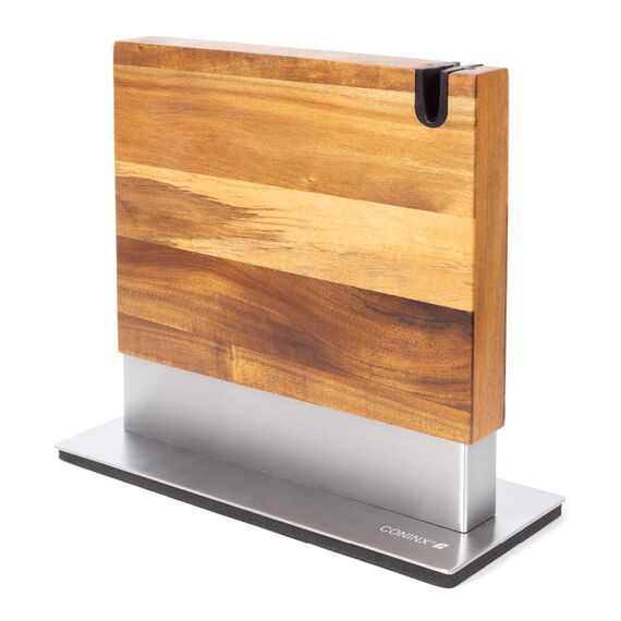 Coninx Magnetischer Messerblock mit integriertem Schärfer – Zweiseitiger Messerhalter aus Akazienholz – Universeller Messerständer mit rutschfester Basis für die Küchenarbeitsplatte