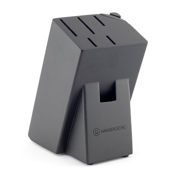 Hanseküche Messerblock Schwarz – 7-teiliges Messerset mit Messerhalter aus Holz und Schärfer Groß Block Messer Set Messerschärfer (Kautschukholz, mit Messern)