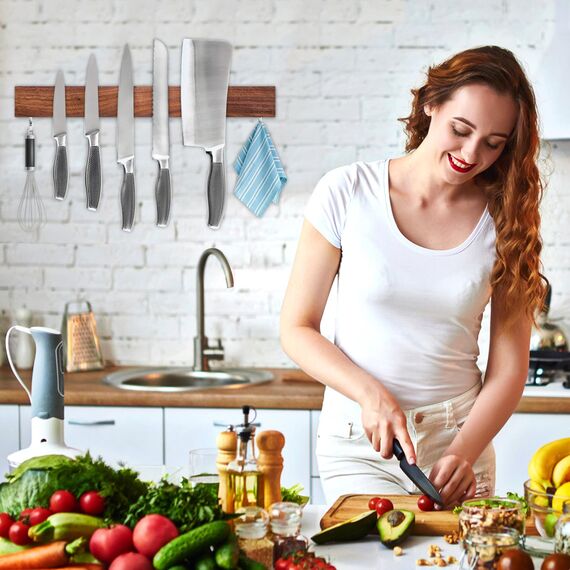 Magnetleiste Messer, Messerhalter magnetisch aus Walnussholz mit 2 Haken, 40cm Magnet Messerhalter Holz mit extra Starkem Magnet