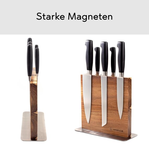 Hanseküche Messerblock - Messerhalter ohne Messer aus Holz Messerbrett (Akazie Braun Metallboden, Doppelseitig)
