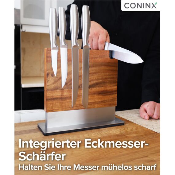 Coninx Magnetischer Messerblock mit integriertem Schärfer – Zweiseitiger Messerhalter aus Akazienholz – Universeller Messerständer mit rutschfester Basis für die Küchenarbeitsplatte