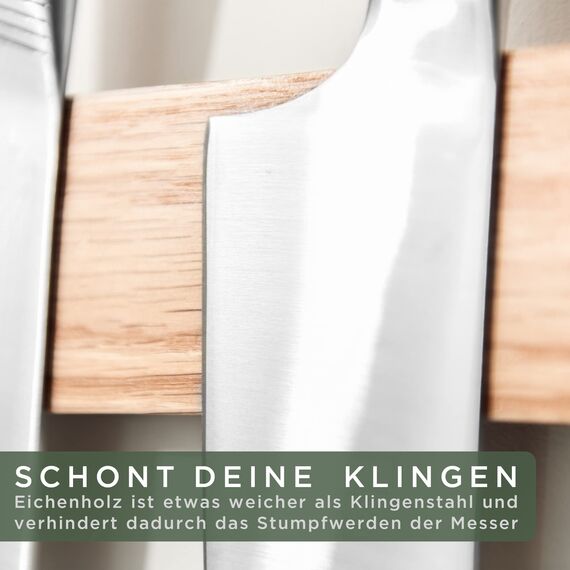 WALDWERK Magnetleiste Messer (40x5cm) - Magnetleiste aus edlem Eichenholz - Messerhalter magnetisch für schwere Messer - Messer Magnetleiste zum Kleben oder Schrauben - Magnet Messerhalter