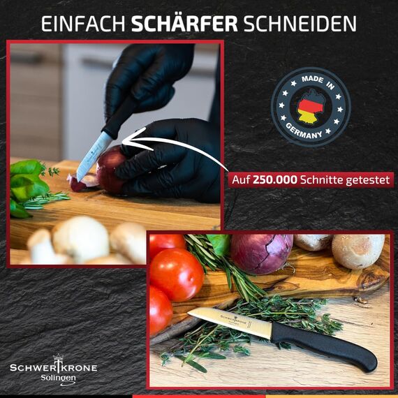 Schwertkrone® Schälmesser 4er Set [MADE IN SOLINGEN - GERMANY] - Gemüsemesser Obstmesser - Küchenmesser klein scharf - Schneidemesser Kartoffelschälmesser - Allzweckmesser rostfrei (4x7,5cm gerade)