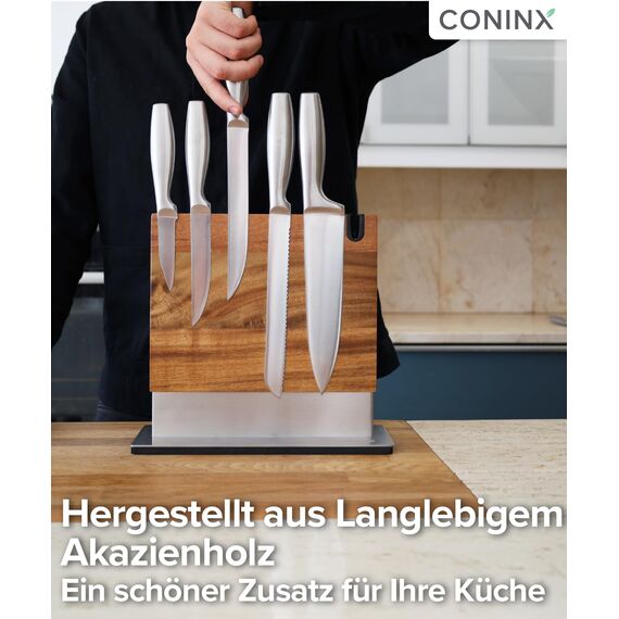 Coninx Magnetischer Messerblock mit integriertem Schärfer – Zweiseitiger Messerhalter aus Akazienholz – Universeller Messerständer mit rutschfester Basis für die Küchenarbeitsplatte