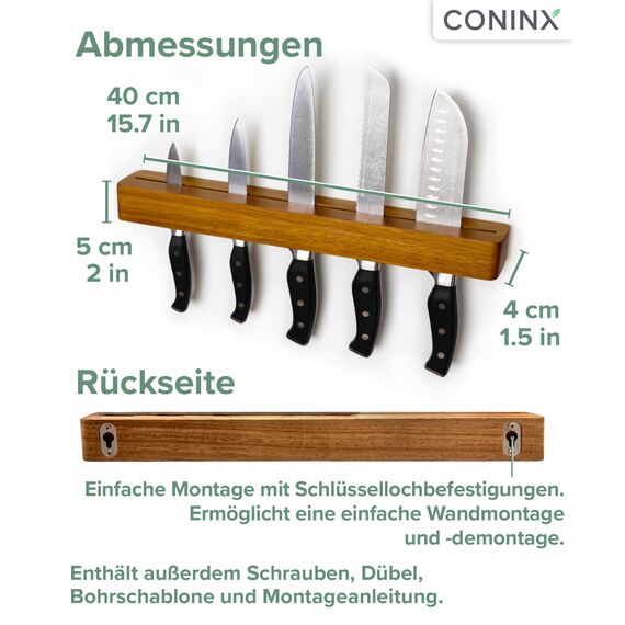 Coninx Magnetischer Messerhalter aus Akazienholz – 40 cm Messerleiste zur Wandmontage mit Schrauben und Dübeln – Starke Magnetleiste mit Doppelter Magnetreihe für Küchenmesser