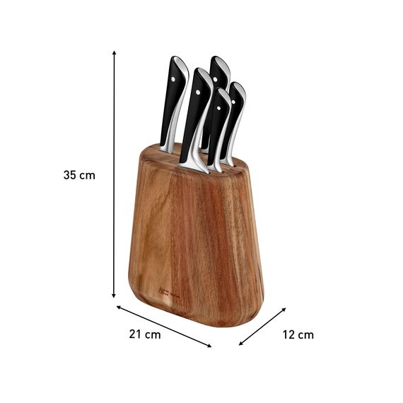 Jamie Oliver by Tefal 5-teiliges Küchenmesser-Set + Block, Koch-/Santoku-/Brot-/Universal-/Schälmesser, eisgehärtet, deutsche Edelstahlklingen, Akazienholz-Block, Braun, K267S556