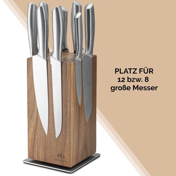 WALDLAND Premium Messerblock ohne Messer I Messerblock magnetisch und 360° drehbar aus edlem und robustem Akazienholz I Messerhalter magnetisch für Messer I Holzblock Küchen-Organizer