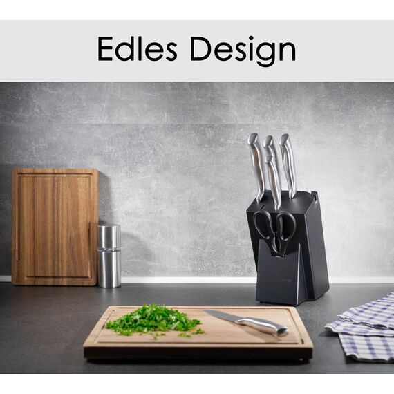 Hanseküche Messerblock Schwarz – 7-teiliges Messerset mit Messerhalter aus Holz und Schärfer Groß Block Messer Set Messerschärfer (Kautschukholz, mit Messern)