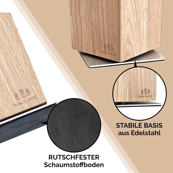 WALDLAND Premium Messerblock ohne Messer – Messerblock magnetisch und 360° drehbar aus edlem & robustem Eichenholz I Messerhalter magnetisch für Messer I Holzblock I Knife Holder Block (360°, Eiche)