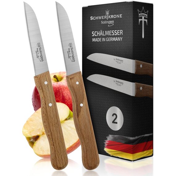 Schwertkrone® Schälmesser gerade Premium 2er Set [MADE IN SOLINGEN - GERMANY] - Gemüsemesser Obstmesser - Küchenmesser klein scharf - Schneidemesser Kartoffelschälmesser - Allzweckmesser (2x 7,5cm)