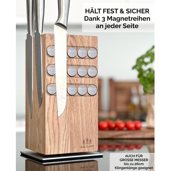WALDLAND Premium Messerblock ohne Messer – Messerblock magnetisch und 360° drehbar aus edlem & robustem Eichenholz I Messerhalter magnetisch für Messer I Holzblock I Knife Holder Block (360°, Eiche)