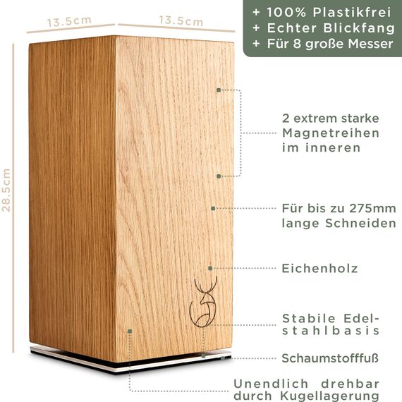 WALDWERK Design Messerblock ohne Messer - Messerblock magnetisch und drehbar aus edlem Eichenholz - Messerhalter für Messer