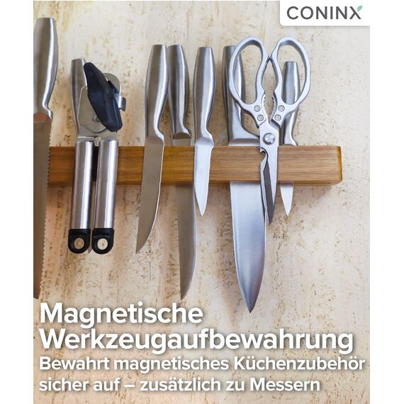 Coninx Magnetischer Messerhalter aus Akazienholz – 40 cm Messerleiste zur Wandmontage mit Schrauben und Dübeln – Starke Magnetleiste mit Doppelter Magnetreihe für Küchenmesser