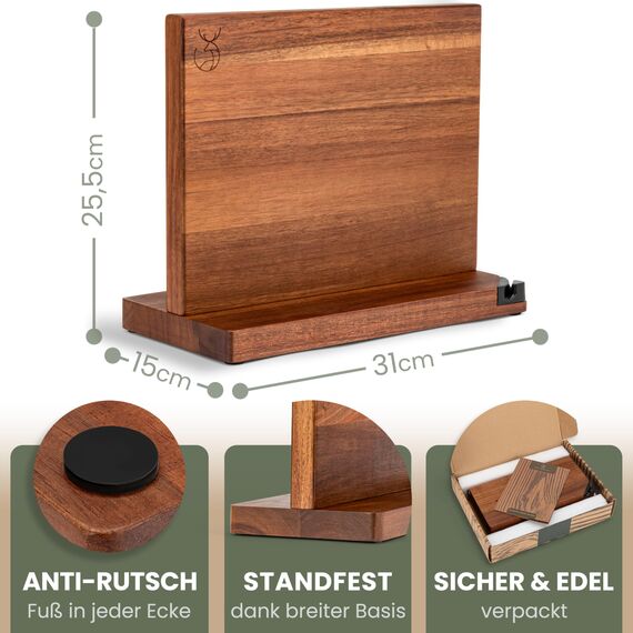 WALDWERK Messerblock magnetisch ohne Messer (31cm) - Messerhalter aus edlem Akazienholz - unbestückter magnetischer Messerblock