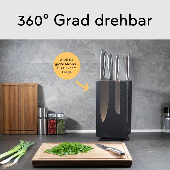 Hanseküche Messerblock - Messerhalter ohne Messer aus Holz Messerbrett (Akazie Schwarz Metallboden, Rotierend)