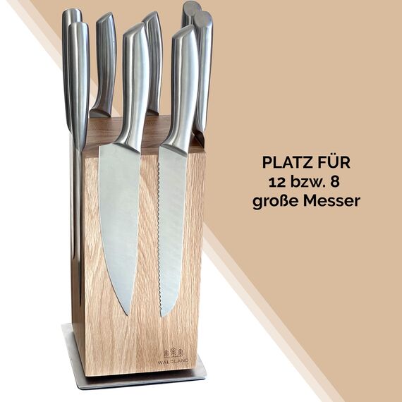 WALDLAND Premium Messerblock ohne Messer – Messerblock magnetisch und 360° drehbar aus edlem & robustem Eichenholz I Messerhalter magnetisch für Messer I Holzblock I Knife Holder Block (360°, Eiche)